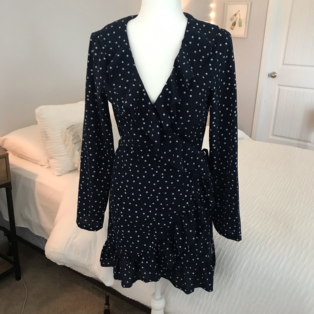 Star Patterned Navy Long Sleeve Wrap Dress